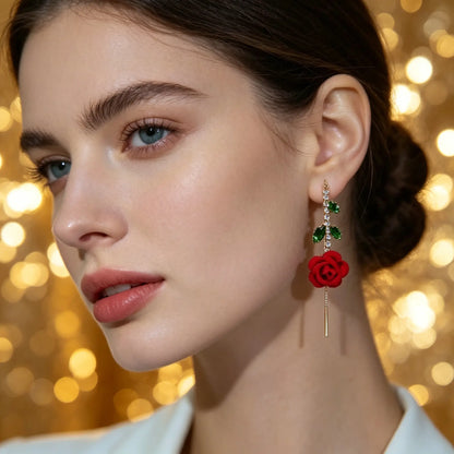 Oferta relámpago【2 pares】Pendientes de rosa roja con tallo de cristal