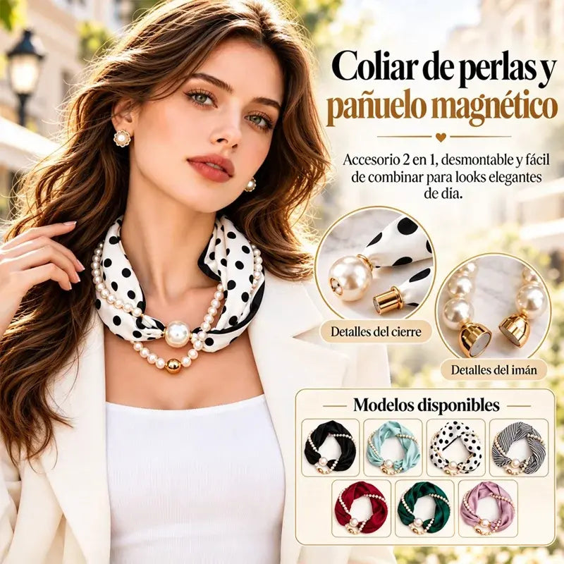 🎀✨ Collar de Perlas con Cinta de Satén para Mujer | Pañuelo Vintage Francés para Cuello, Pelo y Escote