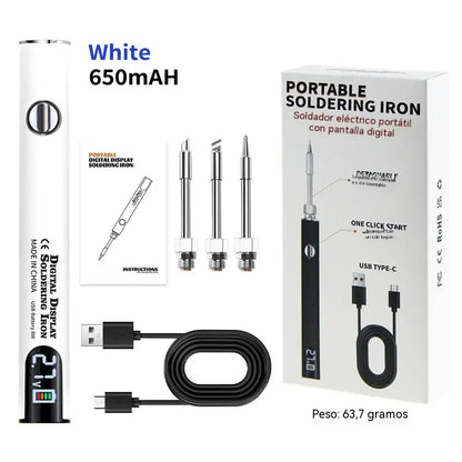 Soldador USB inalámbrico con pantalla digital, temperatura ajustable, calentamiento rápido e indicador de encendido; una herramienta electrónica para reparaciones.