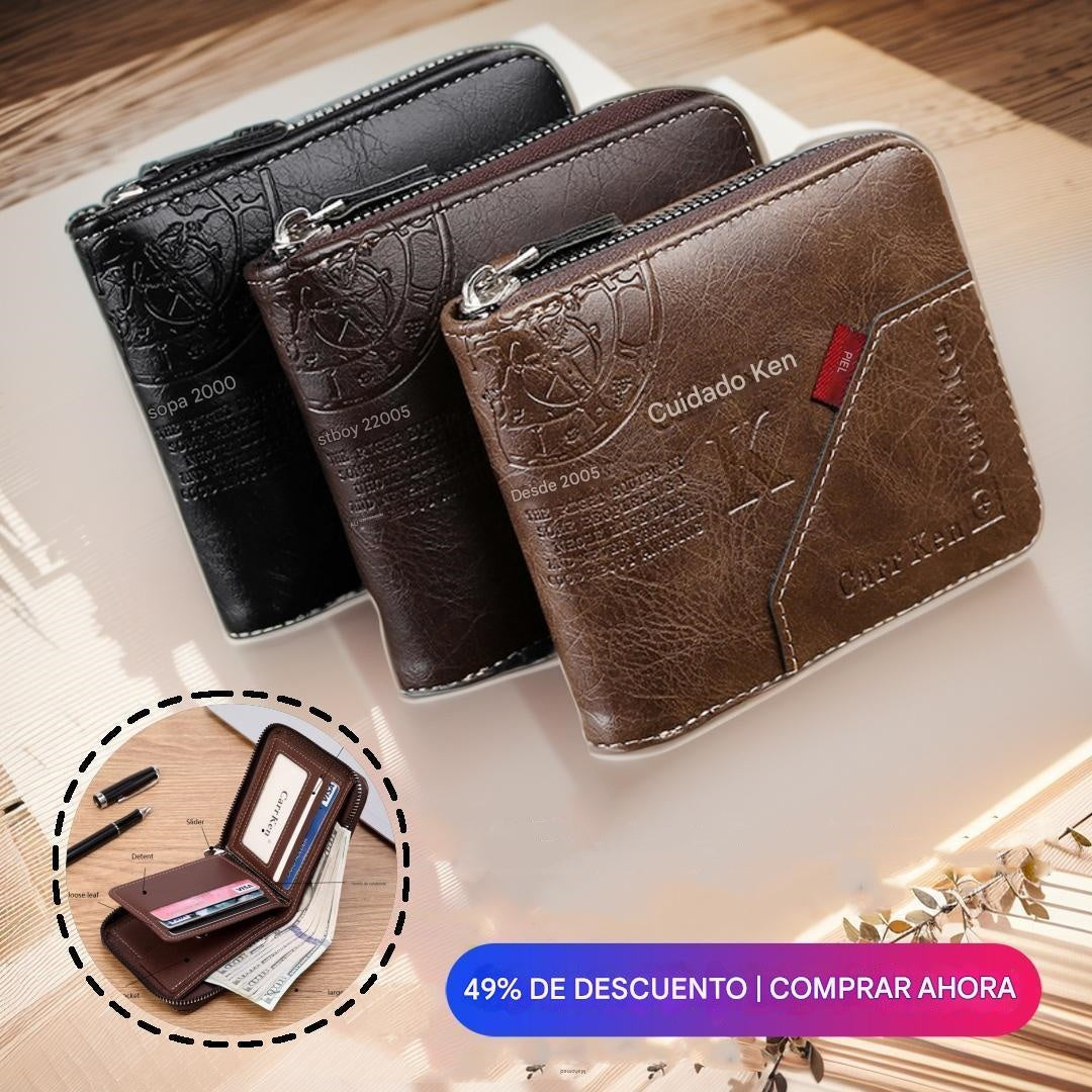 ⏰⏰⏰Oferta por tiempo limitado:😎Billetera con cremallera de estilo retro para hombre, figura pequeña gran capacidad💰