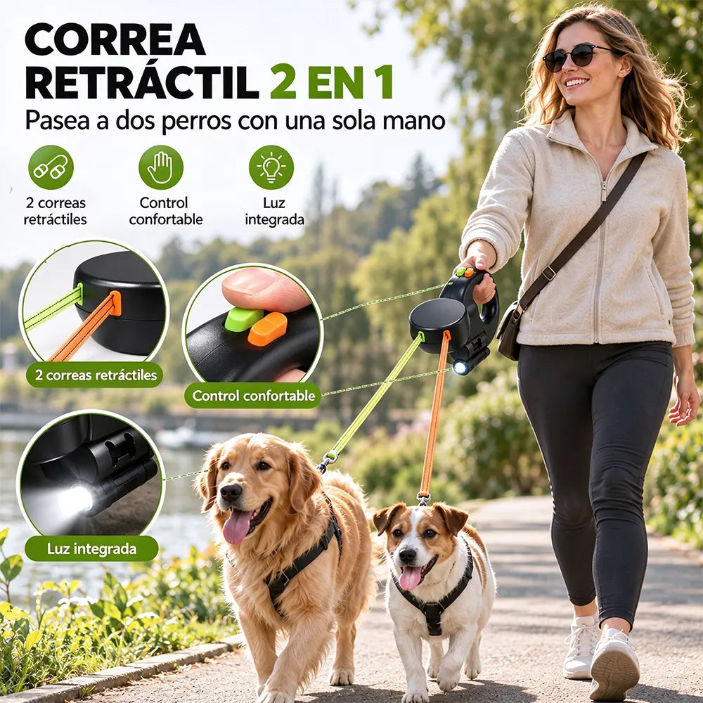 🐶🐕 Correa Retráctil 2 en 1 para Pasear Dos Perros | Correa Doble con Arnés para Perros Pequeños y Medianos