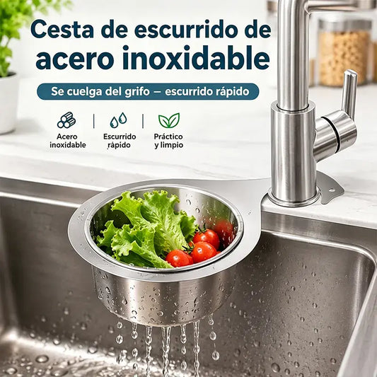 🔥Compra 1 y llévate 1 gratis🔥💦Cesta colador para fregadero de acero inoxidable – Escurre frutas y verduras sin ocupar espacio