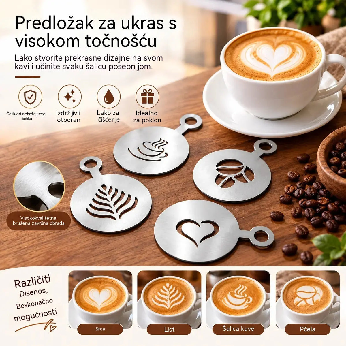 ☕ Šablona od nehrđajućeg čelika (tip 304) za latte art