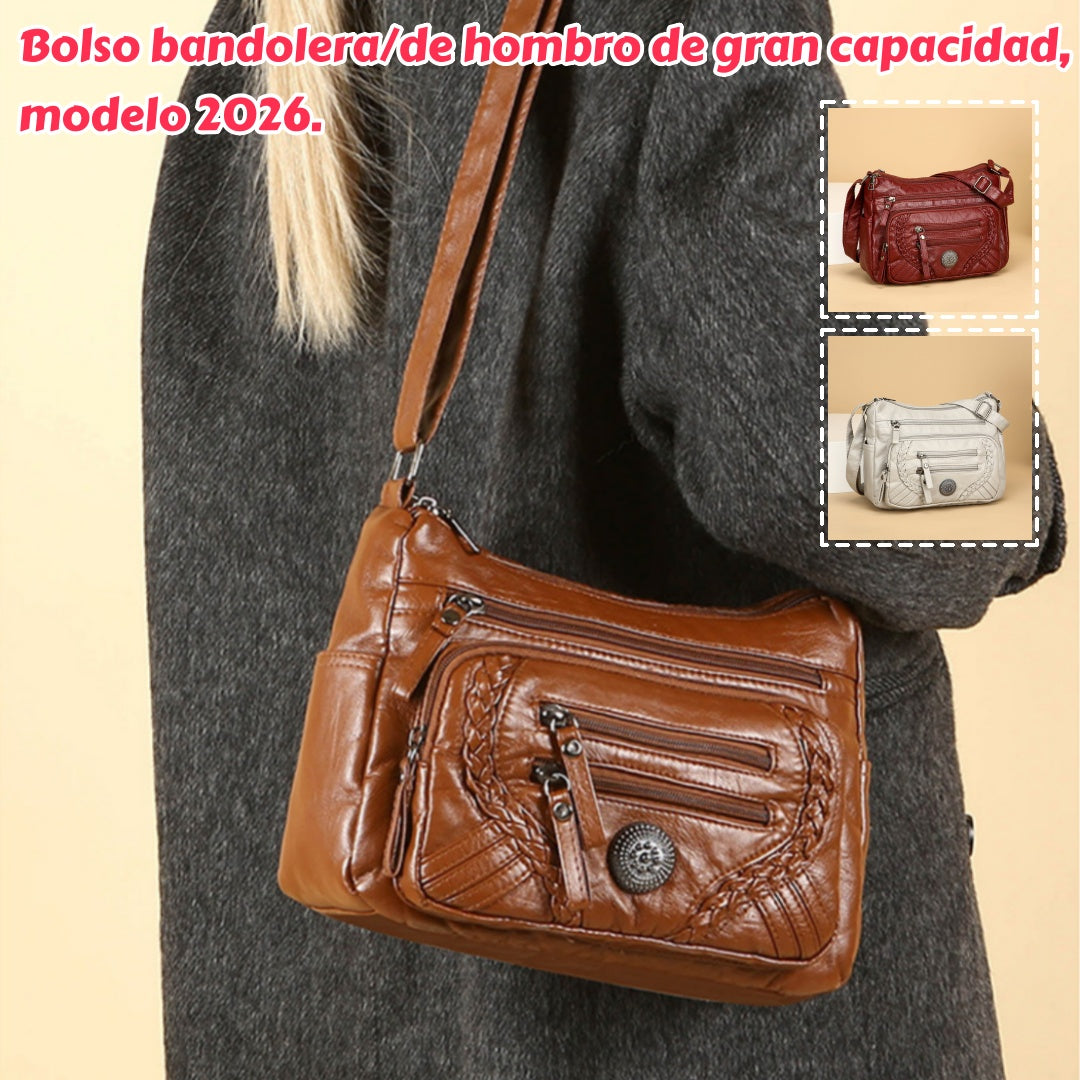 Bolso bandolera/cruzado de piel suave multicapa de gran capacidad para mujer.