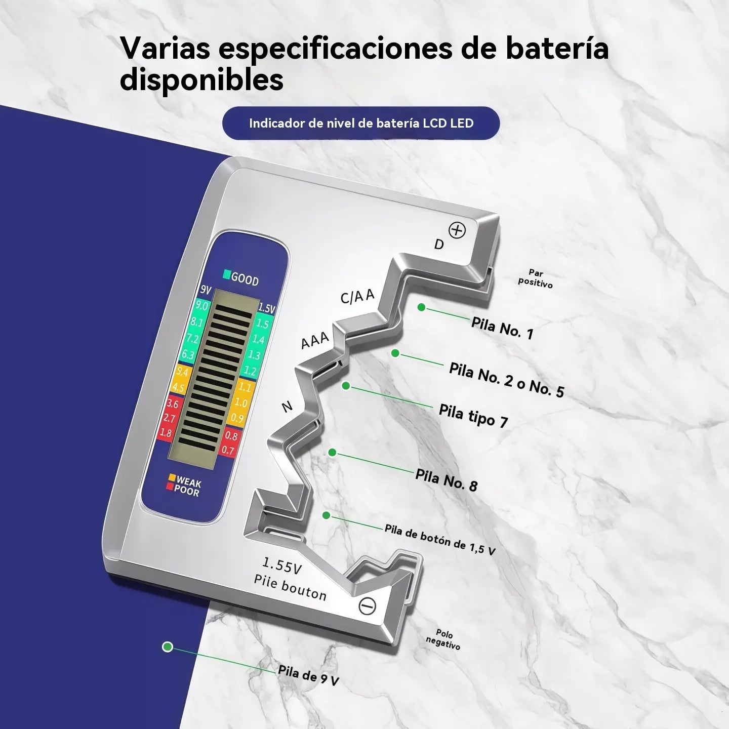 Comprobador de baterías multifuncional | Varios medidores de voltaje de batería | Detección rápida del nivel de batería