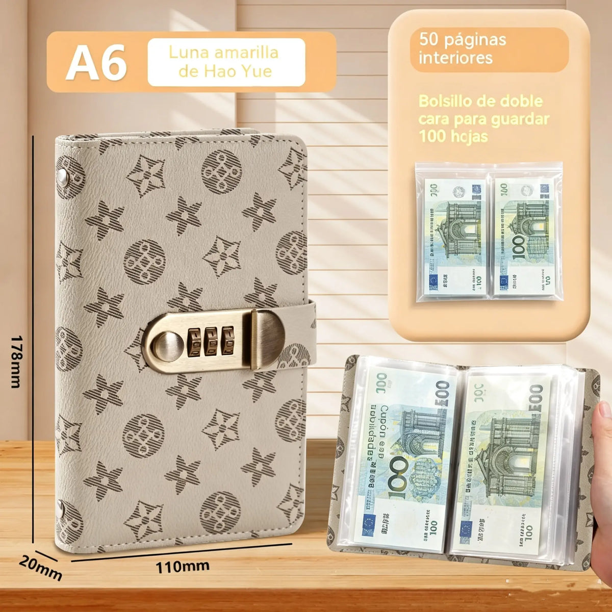 Organizador seguro con cerradura: libro para ahorrar dinero con 50 bolsillos internos para billetes y recibos.