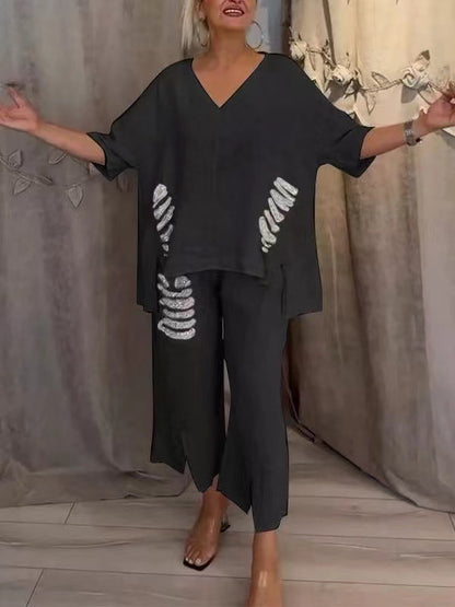 【Pantalones + Top】2026 Traje de dos piezas de lino y algodón con cuello en V para mujer