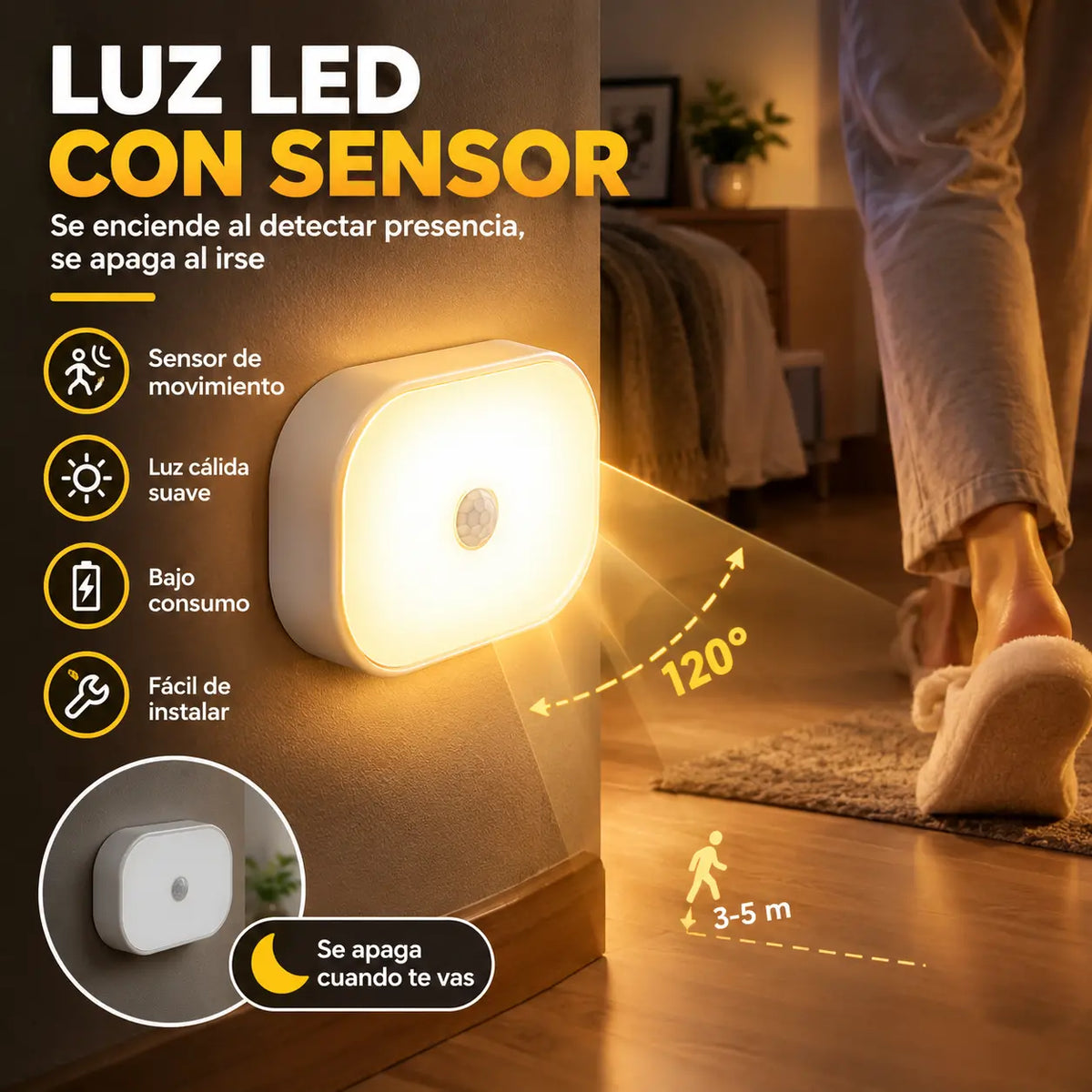 （3 piezas）Luz LED inteligente con sensor de presencia, fácil de cargar y práctica.