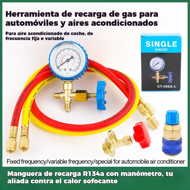 🔧❄️ Manguera de recarga de refrigerante AC R134a con manómetro – Antifugas, fácil de leer y compatible con coches, camiones o aire acondicionado doméstico – Recarga DIY segura 🚗