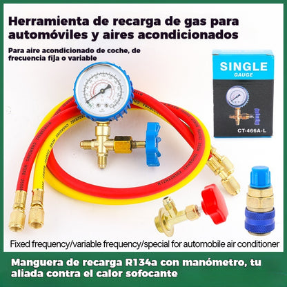 🔧❄️ Manguera de recarga de refrigerante AC R134a con manómetro – Antifugas, fácil de leer y compatible con coches, camiones o aire acondicionado doméstico – Recarga DIY segura 🚗