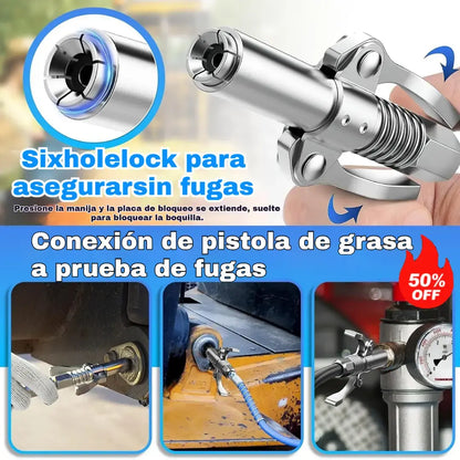 Inyector de grasa de alta presión con abrazadera autoblocante y boquilla de engrase de doble asa + manguera flexible de 30 cm