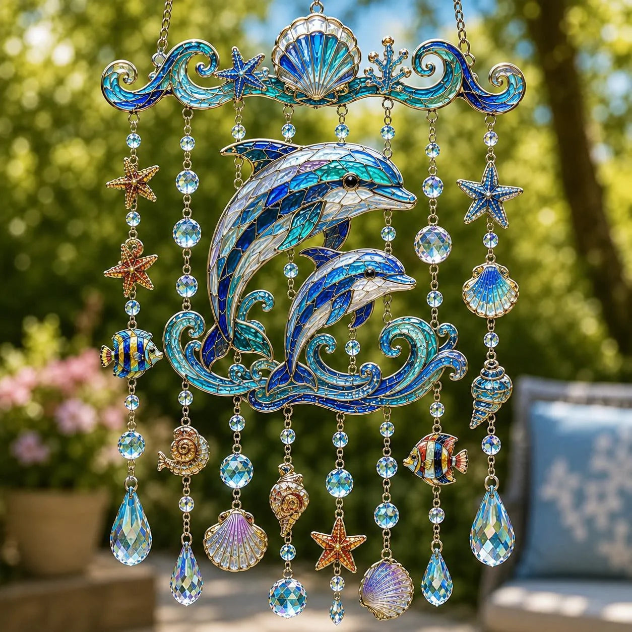 🌊💎 Carrillón de viento de cristal con temática marina: la decoración ideal para tu jardín y balcón.