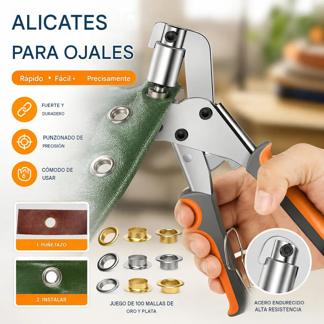 【Alicates para ojos + 20 hebillas doradas】 Alicates perforadores portátiles；Alicates para ojales 2 en 1: Perfora e instala en un solo paso, perfectos para lona, cuero, tela y PVC