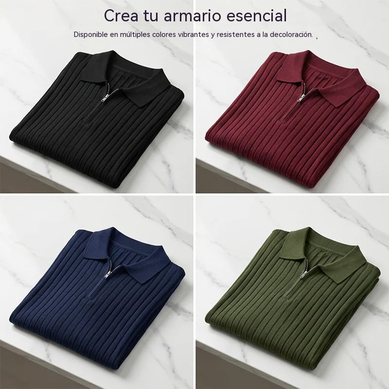 50%OFF👔Camisa de punto acanalado para hombre con cierre de cremallera y mangas cortas.
