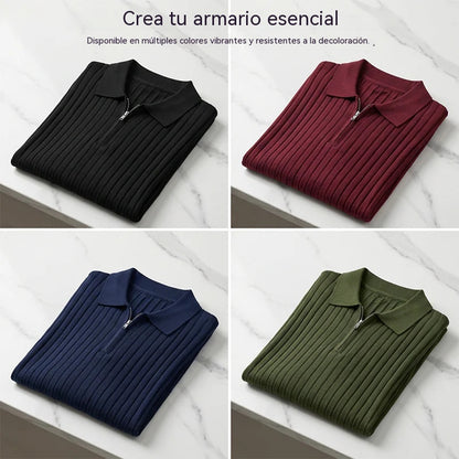 50%OFF👔Camisa de punto acanalado para hombre con cierre de cremallera y mangas cortas.