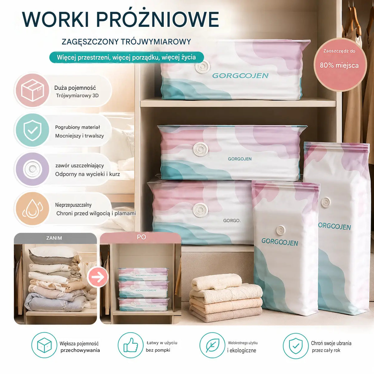 5 za 109 zł. Duży, kompresowalny worek próżniowy do przechowywania: nie wymaga pompki, szczelny i idealny do oszczędzania miejsca w walizkach i w domu