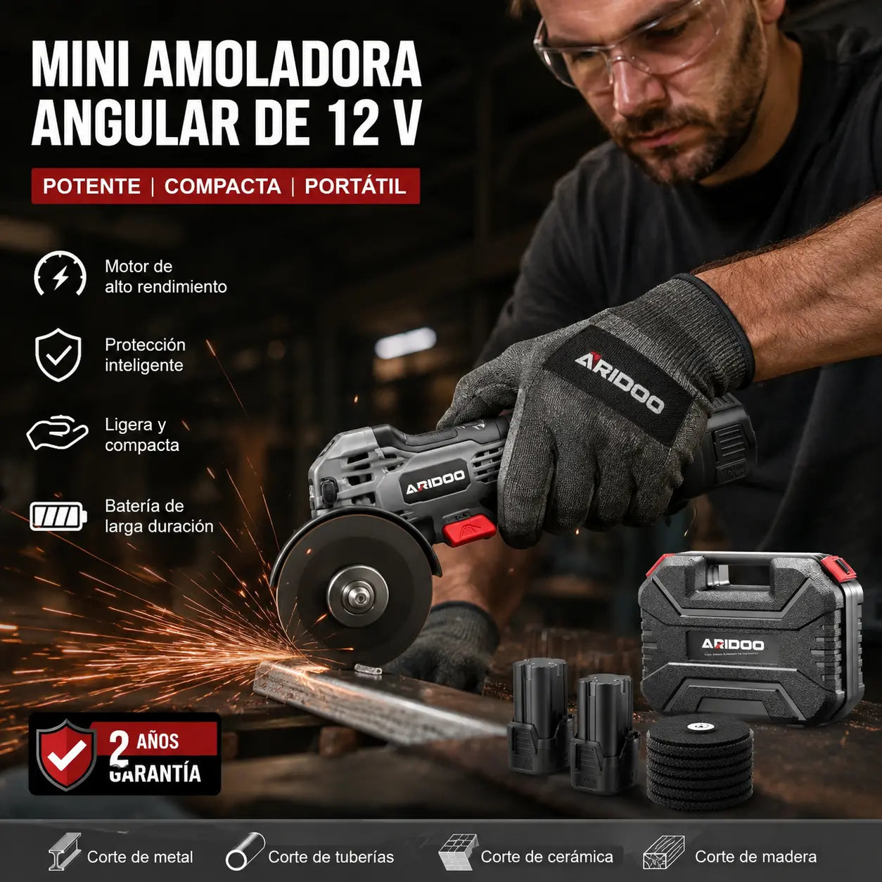 Mini amoladora angular de 12 V con disco de corte