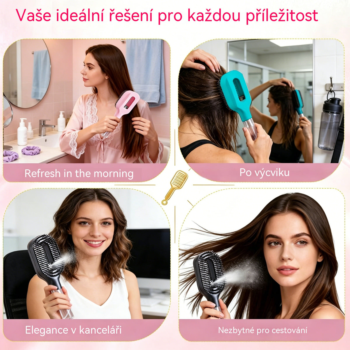 💖💨Hřeben s funkcí rozprašování jedním tlačítkem, která účinně zabraňuje zamotávání vlasů.