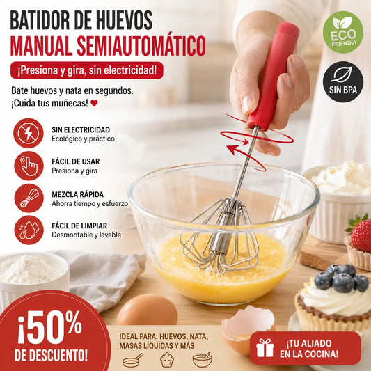 🥳Compra 1 y llévate 1 gratis🥳💞¡Más de 50.000 unidades vendidas!🥚💪 ¡50% de descuento! Batidor de huevos manual semiautomático: presiona y gira, sin electricidad. Bate huevos y nata en segundos. ¡Cuida tus muñecas! ✨🧁