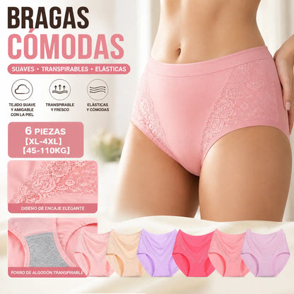 6 piezas【XL-4XL】【45-110kg】 Braguitas antibacterianas de cintura alta para control de abdomen