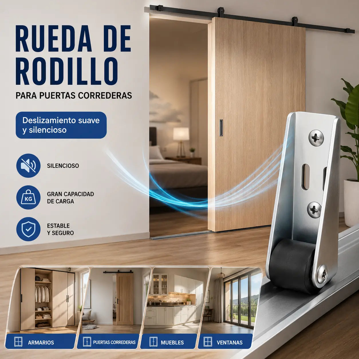 【4 ruedas + 16 tornillos】🚪 Soporte con Rueda para Puerta Caída – Silencioso, Ajustable y Fácil de Instalar 🔧