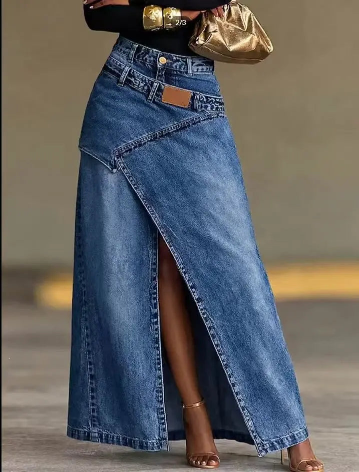 🥇【S-3XL】 Žensko jeans maxi krilo s plastnim pasom; sproščen kroj, moderen dizajn.