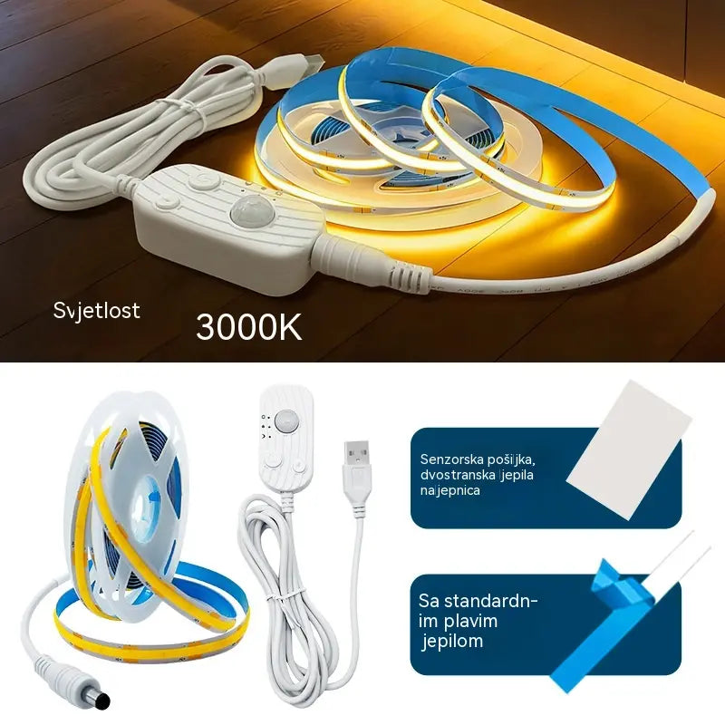【2M】LED svjetlosna traka s pametnim senzorom i automatskim sustavom osvjetljenja, s USB ljepilom, idealna za kuhinje, spavaće sobe i stepenice.