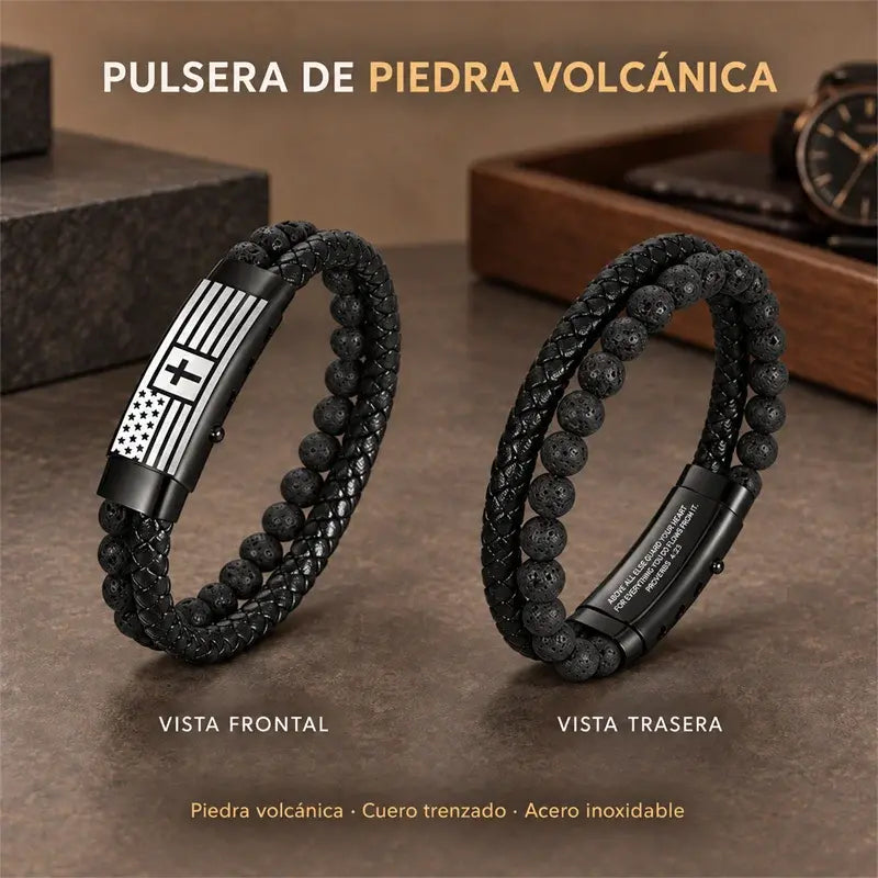 ✝️ Pulsera de Cuero para Hombre con Cruz | Diseño Trenzado de Doble Capa con Piedra Volcánica y Ojo de Tigre