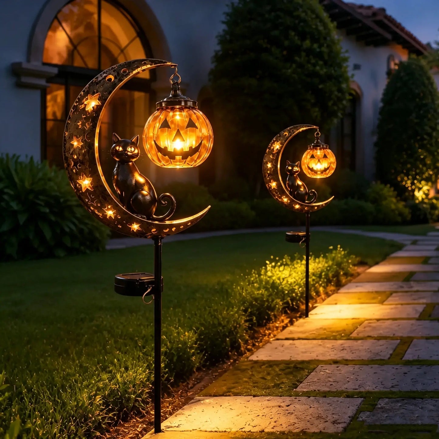 Lámpara decorativa solar para exteriores con forma de calabaza y gato negro.Crea una atmósfera mágica por la noche. Sensor automático, resistente al agua y duradera.