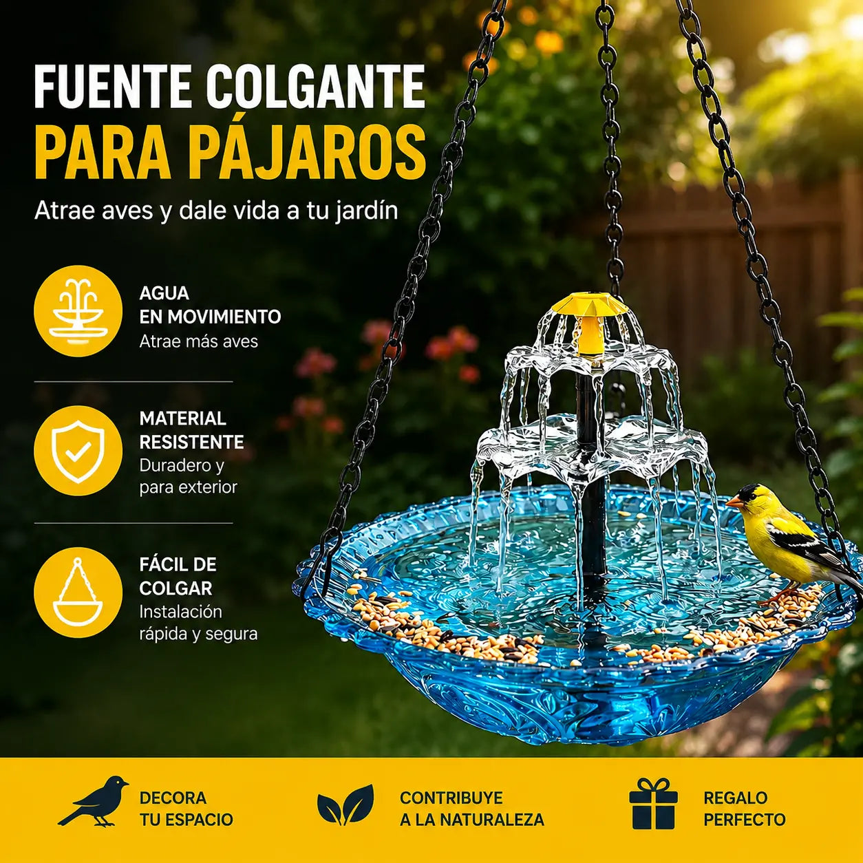 Fuente colgante solar para baño de pájaros con estilo cascada