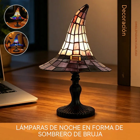 【Novedad de Halloween】Luz nocturna con forma de sombrero de bruja gótica: ¡una creativa luz de resina con efecto de vidrieras retro! 🔮🧙‍♀️
