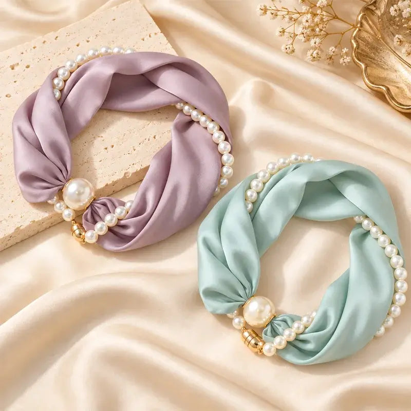 🎀✨ Collar de Perlas con Cinta de Satén para Mujer | Pañuelo Vintage Francés para Cuello, Pelo y Escote