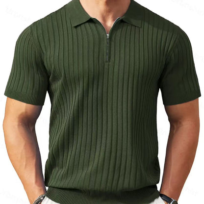 50%OFF👔Camisa de punto acanalado para hombre con cierre de cremallera y mangas cortas.