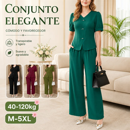 【40-120kg】🌸【Top + Pantalones anchos】【M-5XL】Conjunto de traje casual de seda de leche para mujer, nuevo y a la moda, 2026.