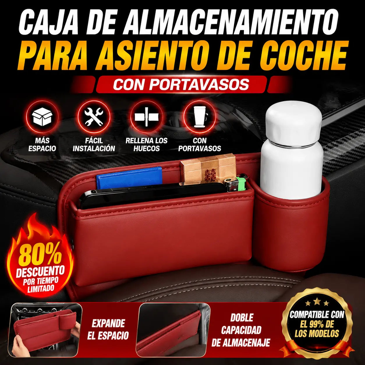 Caja de almacenamiento multifuncional para el espacio entre los asientos del coche con portavasos