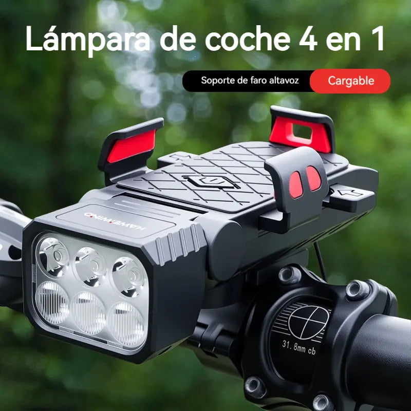 🚲💡Altavoz, luz y soporte para teléfono 4 en 1 para bicicleta de montaña, recargable.