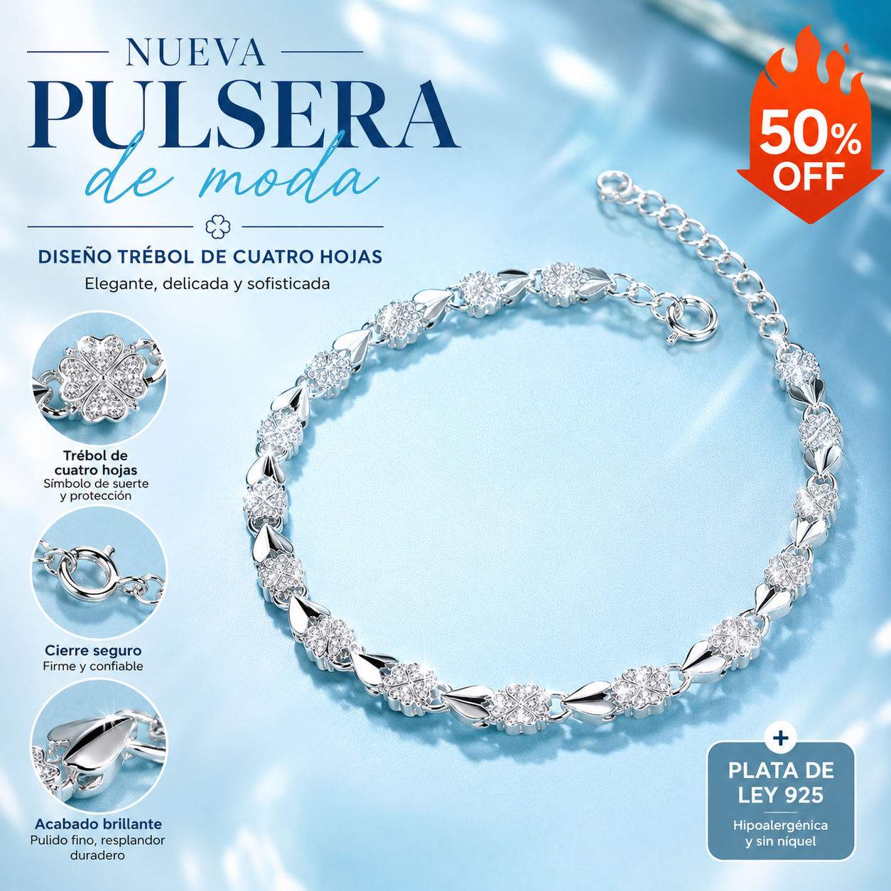 😀👉【Compre 1 y obtenga 1 gratis】💖🍀Love New Fashion Pulsera de plata 925 con un trébol de cuatro hojas para mujer