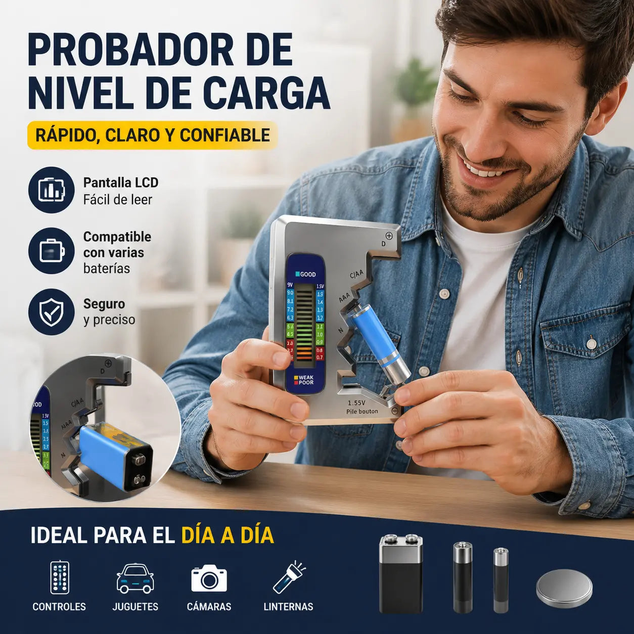 Comprobador de baterías multifuncional | Varios medidores de voltaje de batería | Detección rápida del nivel de batería