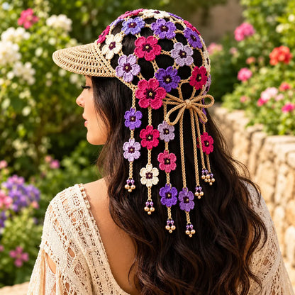 🌻🧶 Gorra de Ganchillo con Girasol para Mujer | Gorra Boho Calada de Verano con Borlas Decorativas