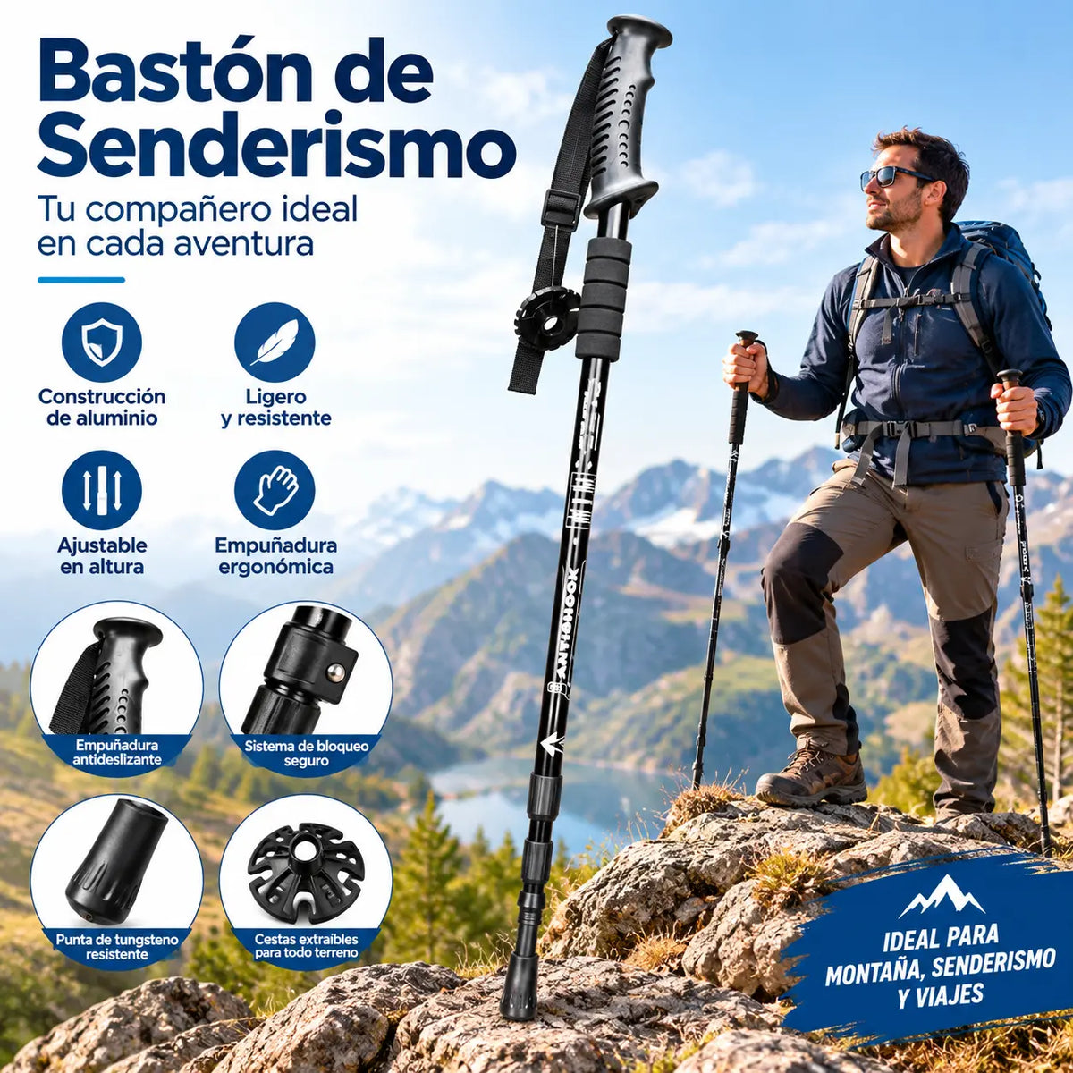 Bastón de trekking ajustable de aleación de aluminio: duradero, con absorción de impactos y ligero