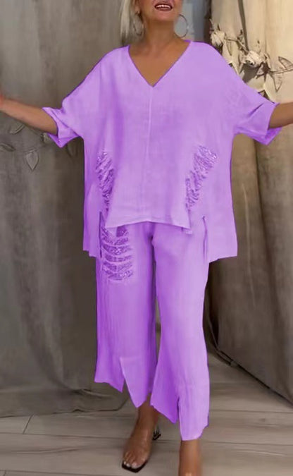 【Pantalones + Top】2026 Traje de dos piezas de lino y algodón con cuello en V para mujer