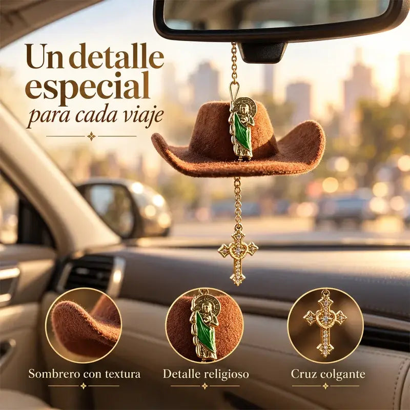 🤠✝️ Colgante para Coche con Sombrero Vaquero y Cruz | Decoración para Espejo Retrovisor con Cordón