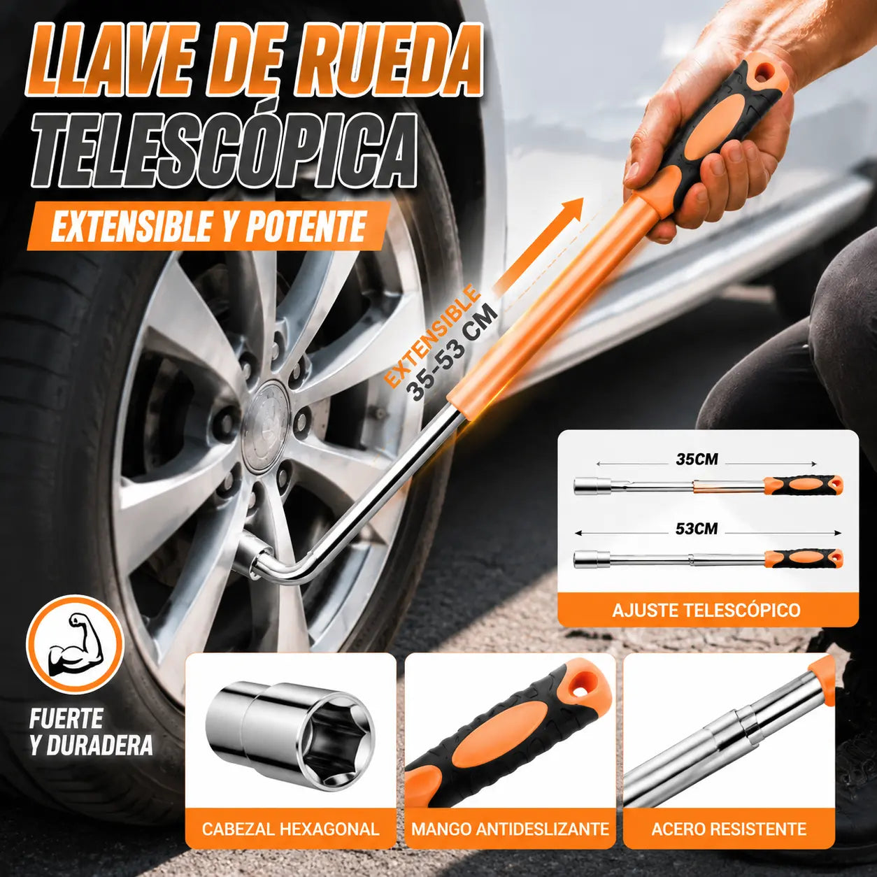 【llave inglesa + dado】Llave telescópica para neumáticos, rango telescópico de 35 a 53 cm, cabeza hexagonal, herramienta profesional para la reparación de automóviles.