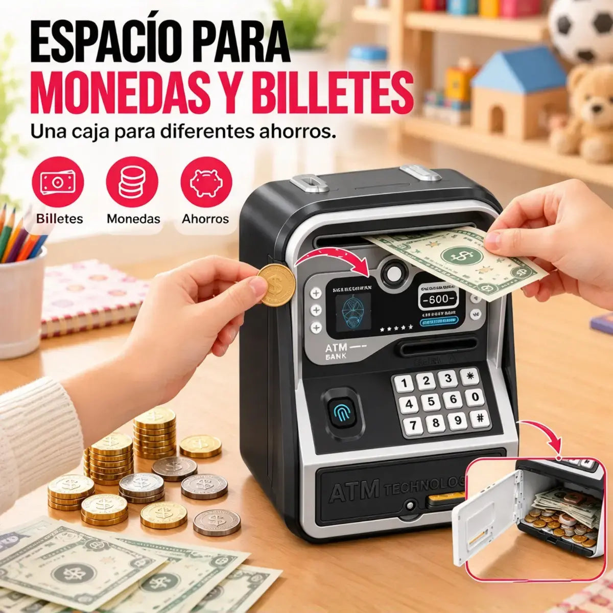 🏧💰 Caja de Ahorro Infantil con Huella y Código | Hucha Electrónica con Función ATM, Tarjeta y Gran Capacidad