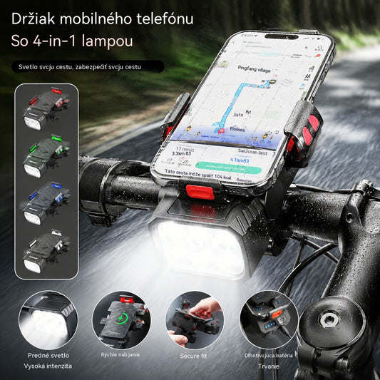 🚲💡Nabíjateľný 4-v-1 reproduktor, svetlo a držiak na telefón pre horský bicykel.