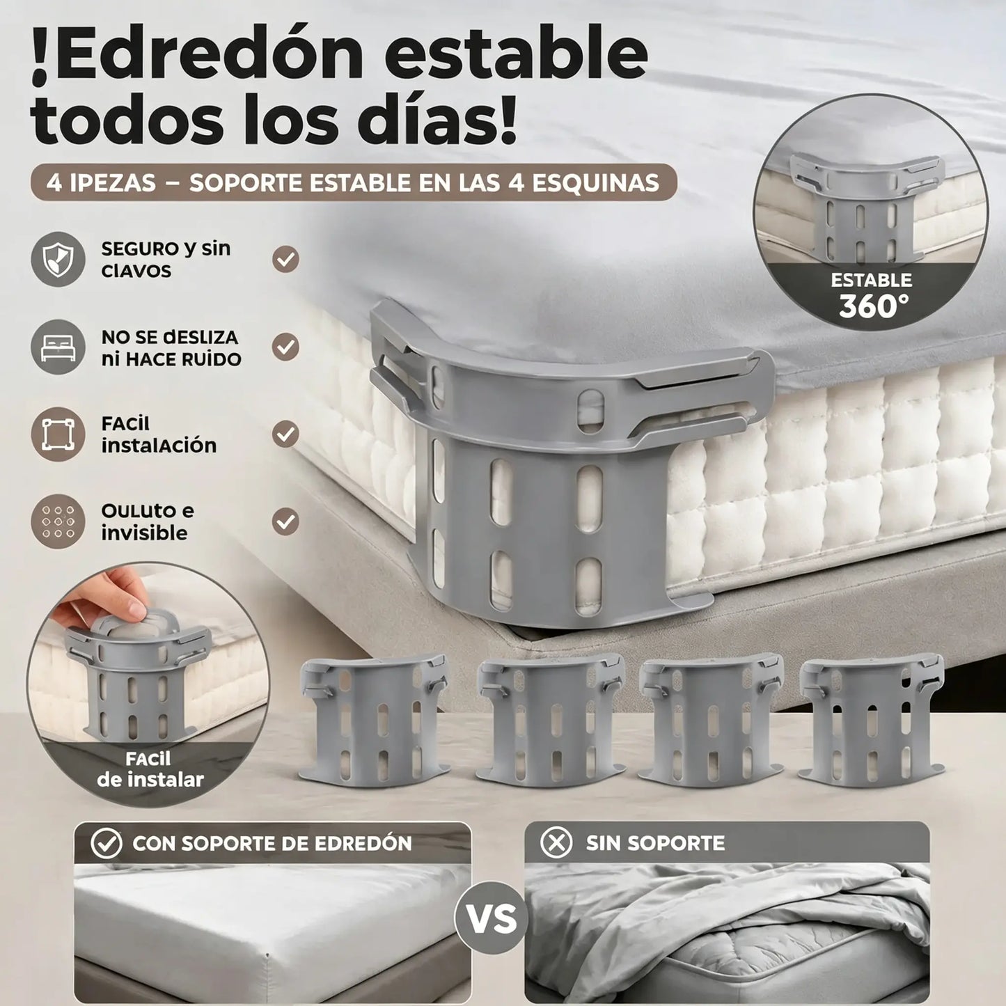 Juego de cuatro - 27 euros🛏️ Clips ocultos en las cuatro esquinas para sábanas: evitan que las sábanas se muevan o se deslicen, manteniéndolas planas y seguras.