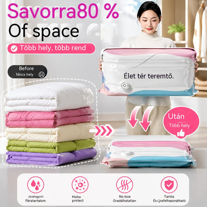 🧳【5 darabos készlet 9800 Ft】💨 Nagy, összenyomható vákuumos tárolózsák: nincs szükség pumpára, szivárgásmentes, és ideális helytakarékosságra bőröndökben és otthon ✈️