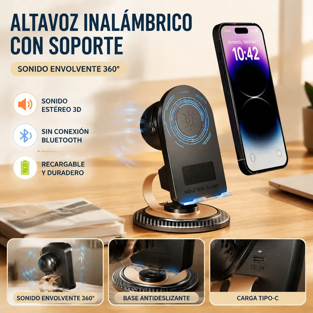 Altavoz Bluetooth 5 en 1 con carga inalámbrica y soporte ajustable para teléfono