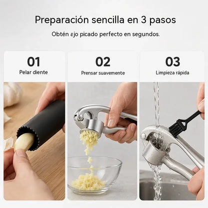Prensa de ajos premium con mango ergonómico suave y fácil de apretar.