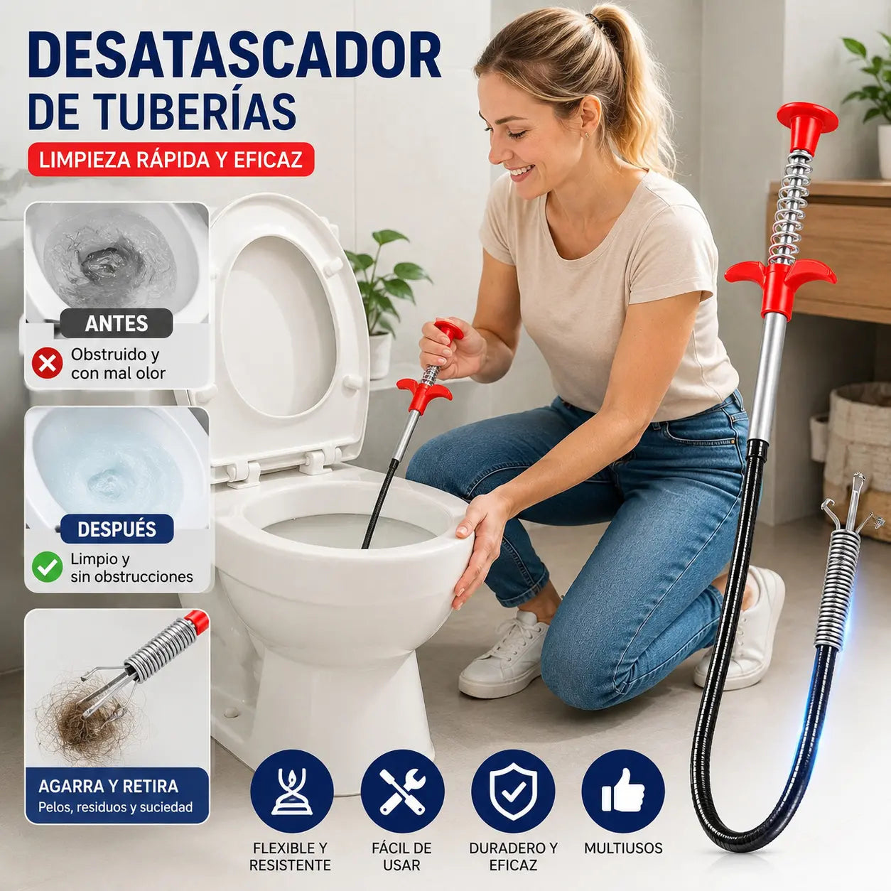 Desatascador doméstico de cuatro garras con sujeción automática.